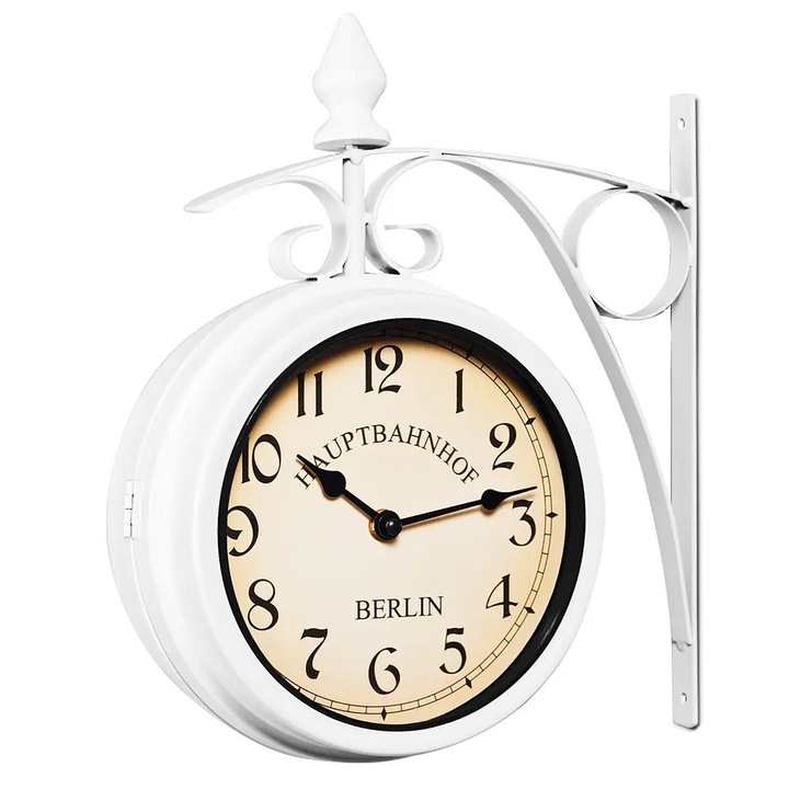 Ceas de perete cu doua fete Monzana Stil retro gara, Cu suport metalic, Ø 20 cm, Alb