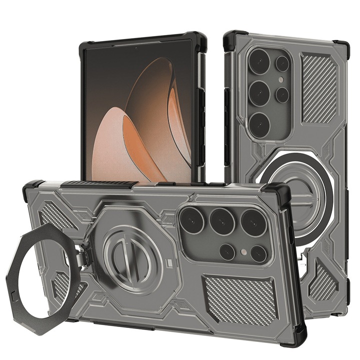Husa antisoc pentru Samsung Galaxy S24 Ultra cu inel suport magnetic, Accesorio Carbon Shield PRO, Smoke Negru