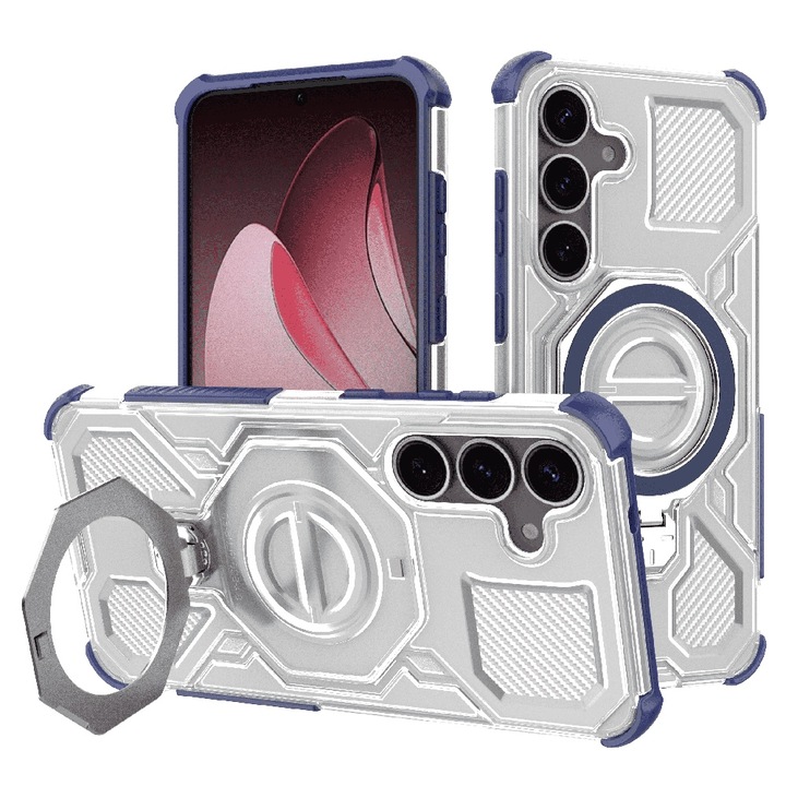 Husa antisoc pentru Samsung Galaxy S25 Plus cu inel suport magnetic, Accesorio Carbon Shield PRO, Blue Transparent
