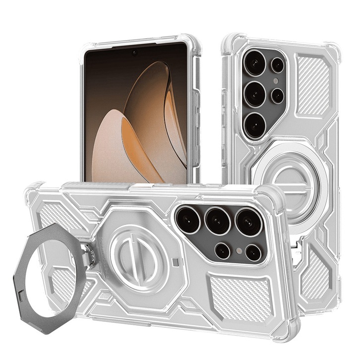 Husa pentru Samsung Galaxy S25 Ultra Carbon Shield PRO cu inel rotativ 360, compatibil Magsafe, Protectie Antisoc, Calitate Premium, Daden, Transparent/Alb