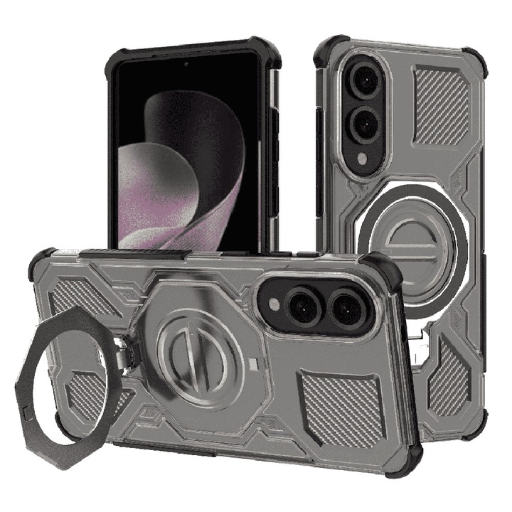 Husa antisoc pentru Samsung Galaxy S25 Edge cu inel suport magnetic, Accesorio Carbon Shield PRO, Smoke Negru