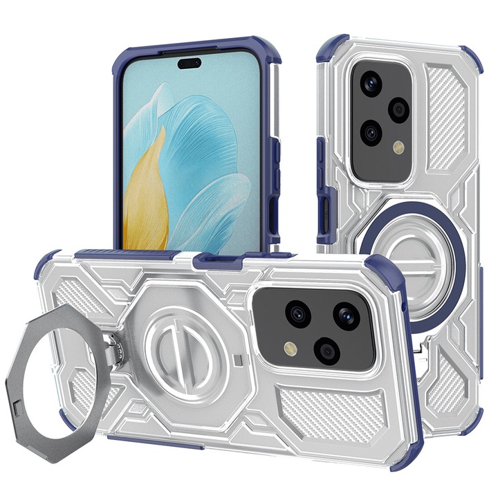 Кейс за Honor 200 Lite Carbon Shield PRO с въртящ се на 360 градуса пръстен, съвместим с Magsafe, удароустойчив, първокласно качество, Daden, син/прозрачен