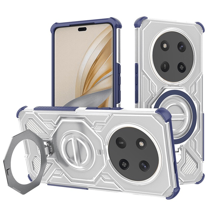 Кейс за Honor Magic 7 Lite Carbon Shield PRO с въртящ се на 360 градуса ринг, съвместим с Magsafe, удароустойчив, първокласно качество, Daden, син/прозрачен