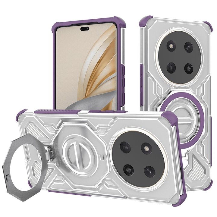 Калъф за Honor Magic 7 Lite Carbon Shield PRO с въртящ се на 360 градуса пръстен, съвместим с Magsafe, противошокова защита, премиум качество, Daden, лилав/прозрачен