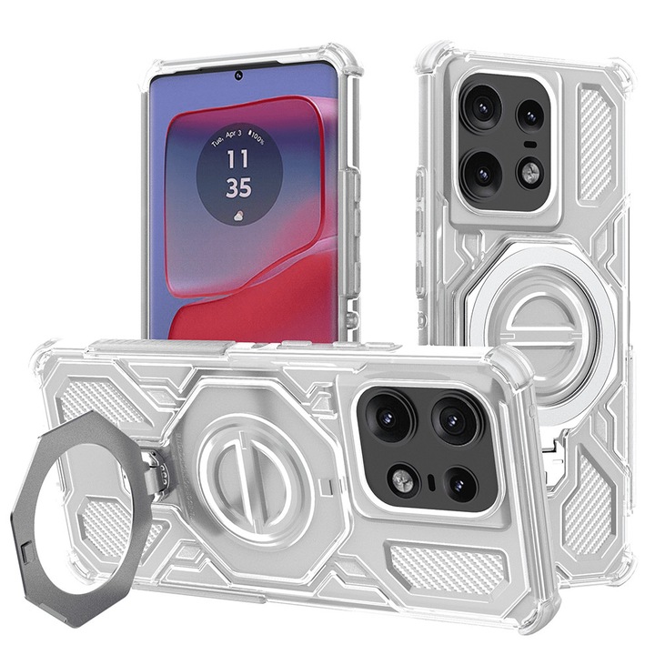 Кейс за Motorola Edge 50 Pro Carbon Shield PRO с въртящ се на 360 градуса пръстен, съвместим с Magsafe, удароустойчив, първокласно качество, Daden, бял/прозрачен
