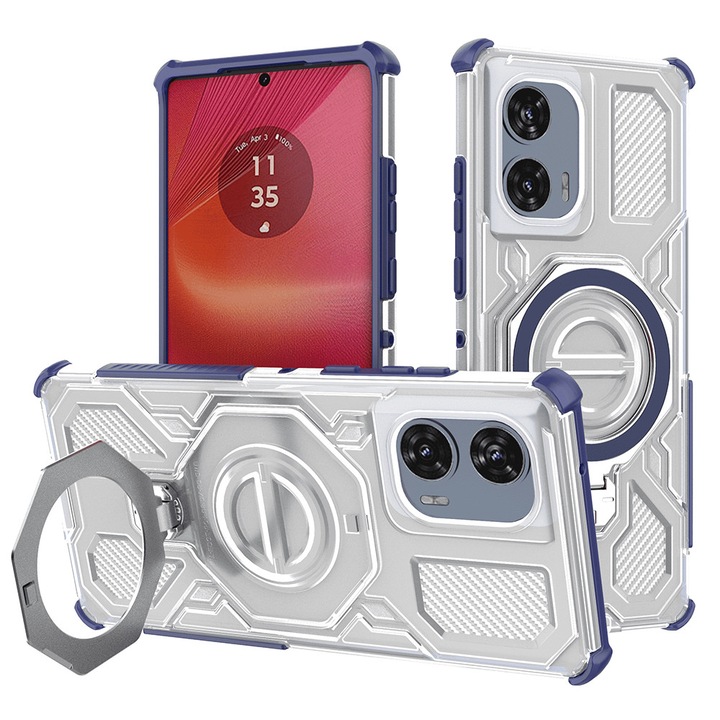 Кейс за Motorola Edge 50 Fusion Carbon Shield PRO с въртящ се на 360 градуса пръстен, съвместим с Magsafe, удароустойчив, първокласно качество, Daden, син/прозрачен