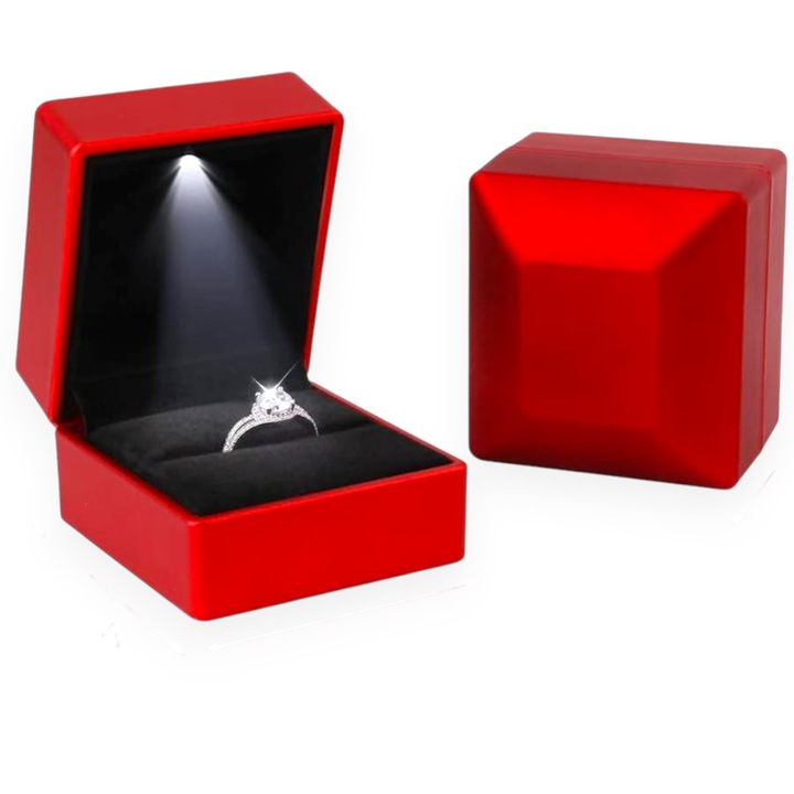 Cutie pentru bijuterii verighete, inel logodna, miri, cercei culoare Rosu Passion cu LED 5, 8cm x 6, 3cm x 5cm