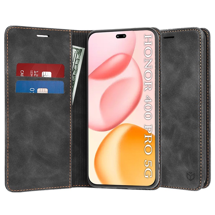 Husa Flip LeatherEco pentru Honor 400 Pro, Buzunar Card, Inchidere Magnetica Puternica, Piele ecologica, Negru