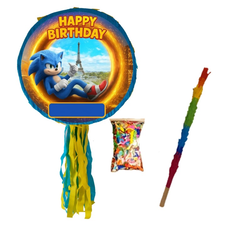 Пиньята Sonic Star с клечка и конфети, Pinastar. Персонализируема с име. Голям отвор за пълнене, издръжлива, дървена клечка, конфети.