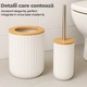 Set Accesorii Baie TnsAround, 7 Piese, Alb cu Detalii din Bambus, Material Plastic, 26x19,5x19,5cm