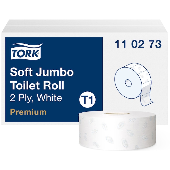 Hartie Igienica Tork 110273 Jumbo Moale, De Calitate Premium, Pentru Sistemul De Hartie Igienica Tork T1 Jumbo / Hartie Igienica Cu 2 Straturi, Alb Stralucitor / Cu Relief Cu Frunze De Dafin, 6 X 1.800 De Coli