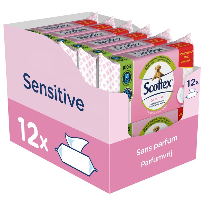 Servetele umede Scottex Sensitive, set 12 pachete, 38 servetele/pachet