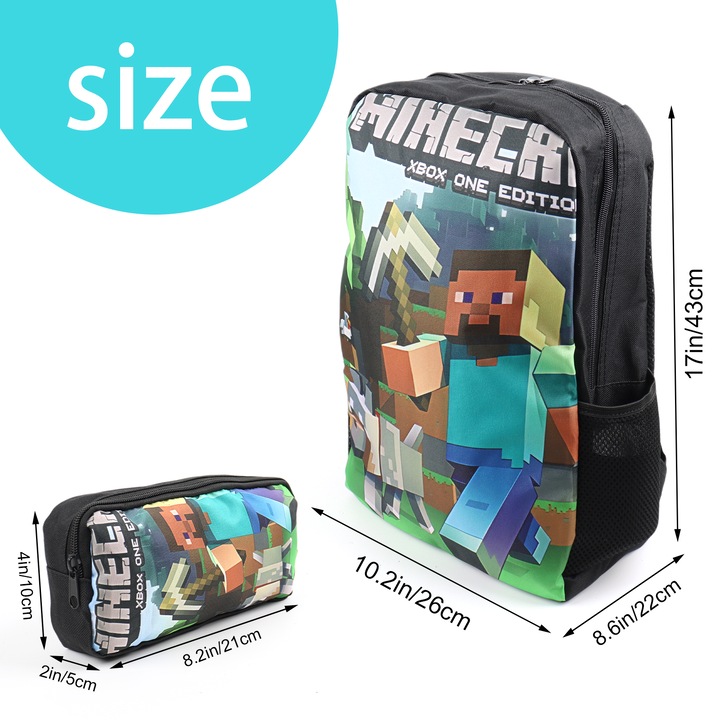 Set ghiozdan scoala 2 Piese, cu penar Minecraft, Rucsac Minecraft, Ghiozdan copii, Ergonomic, Confort La Purtare, Albastru | Multicolor