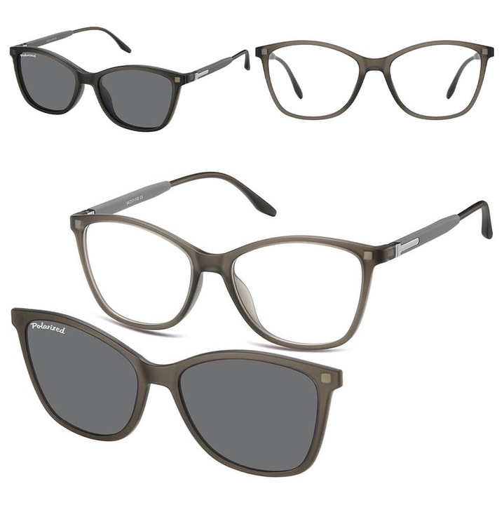 Ochelari de soare dama, Sunoptic, polarizati, gri mat, 57x17x145, set complet cu husa si laveta