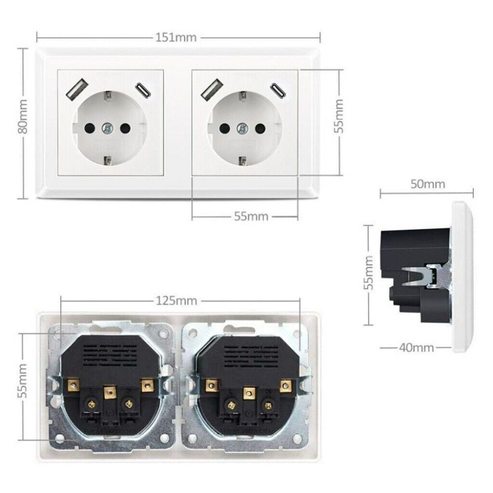 Presa Da Muro Con USB-A E USB-C – Adattabile A Gira, JUNG, Merten – 55x55mm, Bianca