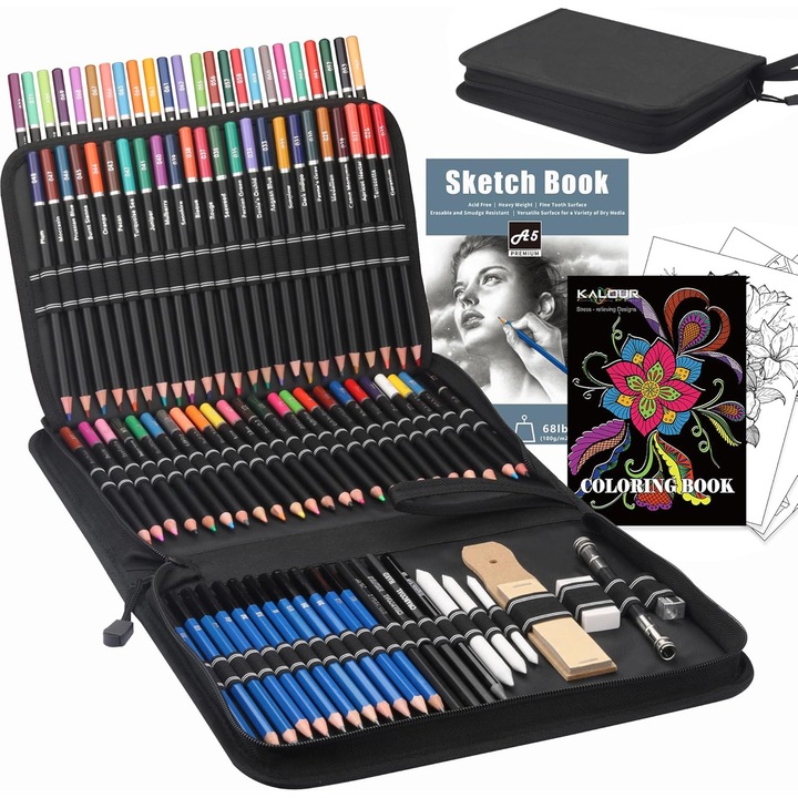 Set 96 creioane de desen, Bisprico, 72 creioane colorate si 24 instrumente de schitare, multicolor