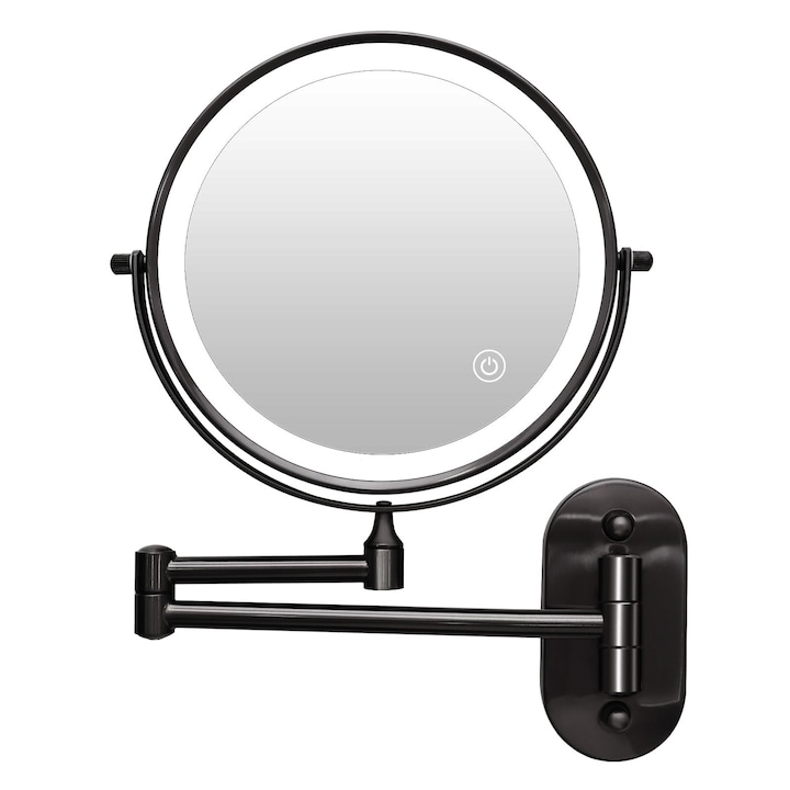 Oglindă Cosmetică Iluminată cu 3 Culori, Rotire 360°, Diametru 20cm, Negru, Montare pe Perete