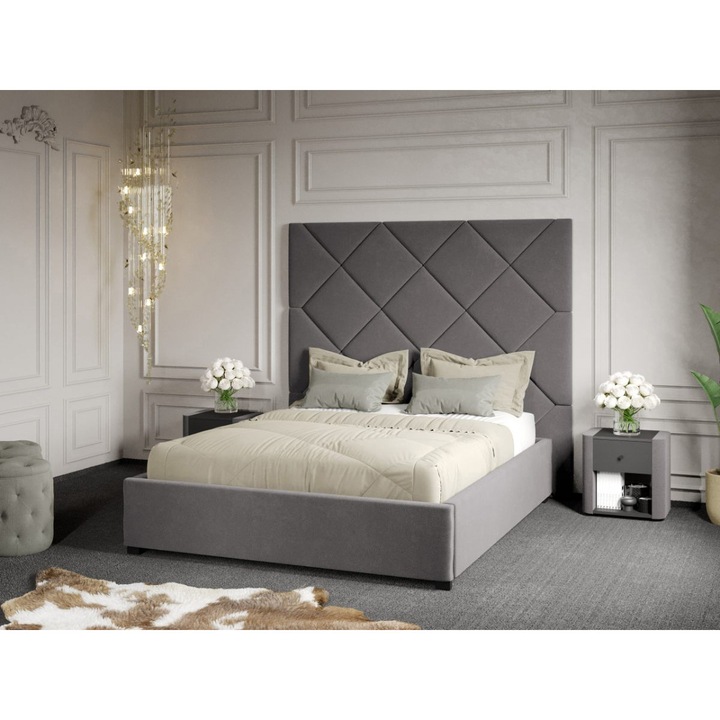 Pat Tapitat cu Panou, 191x170, C2, Dubai cu Somiera Fixa, 140x200, Gri/Velluto 16