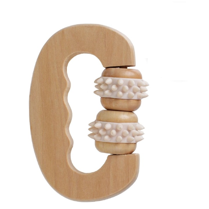 Rola de masaj pentru corp si fata cu maner din lemn, 11x8 cm