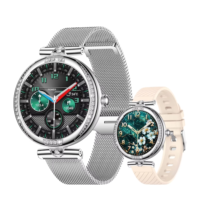 Дамски Смарт часовник NUBI NX17 PRO, AMOLED Дисплей, резолюция 390 * 390, Bluetooth разговор, Пулс, Калории, Допълнителна каишка, Сребрист