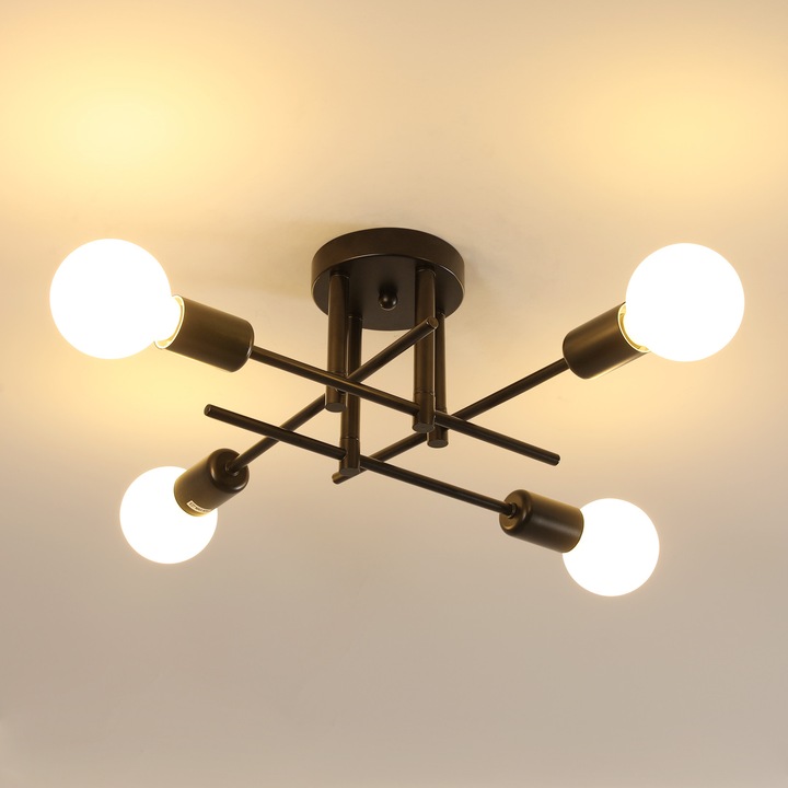 Plafoniera, Goeco,4 Capete, Negru, E27, bec neinclus, potrivita pentru bucatarie, coridor, living si dormitor