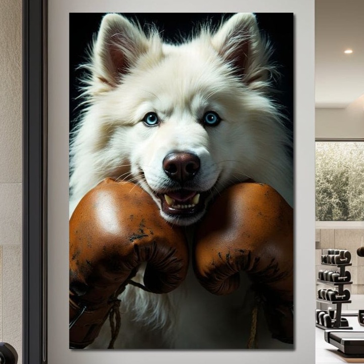 Tablou Canvas Premium, LuxCanva® M1286, Spirit de Luptator, 60 X 90 CM, Panza Bumbac 100% 400g/m2, Sasiu Lemn, Samoyed, Caine, Husky, Alb, Pufos, Manusi, Box, Sport, Energie, Campion, Adorabil, Curaj, Atitudine, Birou, Living, Camera Copil