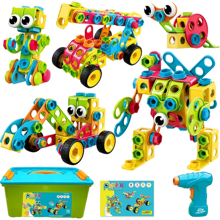 Set de constructie STEM pentru copii, Ronyes,147 de piese, suruburi si unelte, multicolor, plastic, 6-9 ani