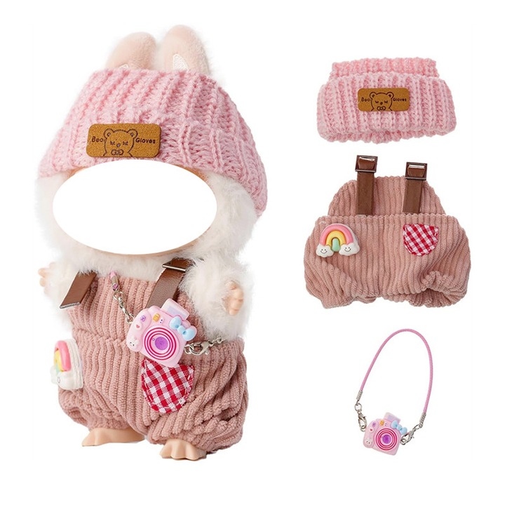 Комплект дрехи за кукли, Labubu, мек материал, модерен дизайн, уникални костюми, ръчно изработени аксесоари, подарък за колекционери, 17 см (6.7"), розов