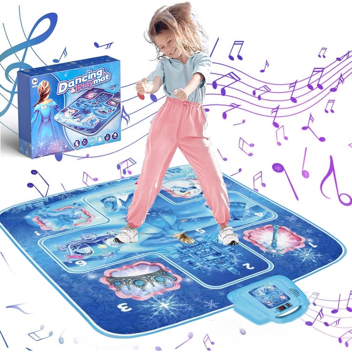 Saltea de dans interactiva, Jucarie covoras de dans muzical pentru copii jucarie de dans, Usor de curatat, 2025 NEW, petrecere de ziua de nastere pentru fete si baieti cu varste cuprinse intre 3 si 12 ani，Elsa, albastra，BIGLISTENING®