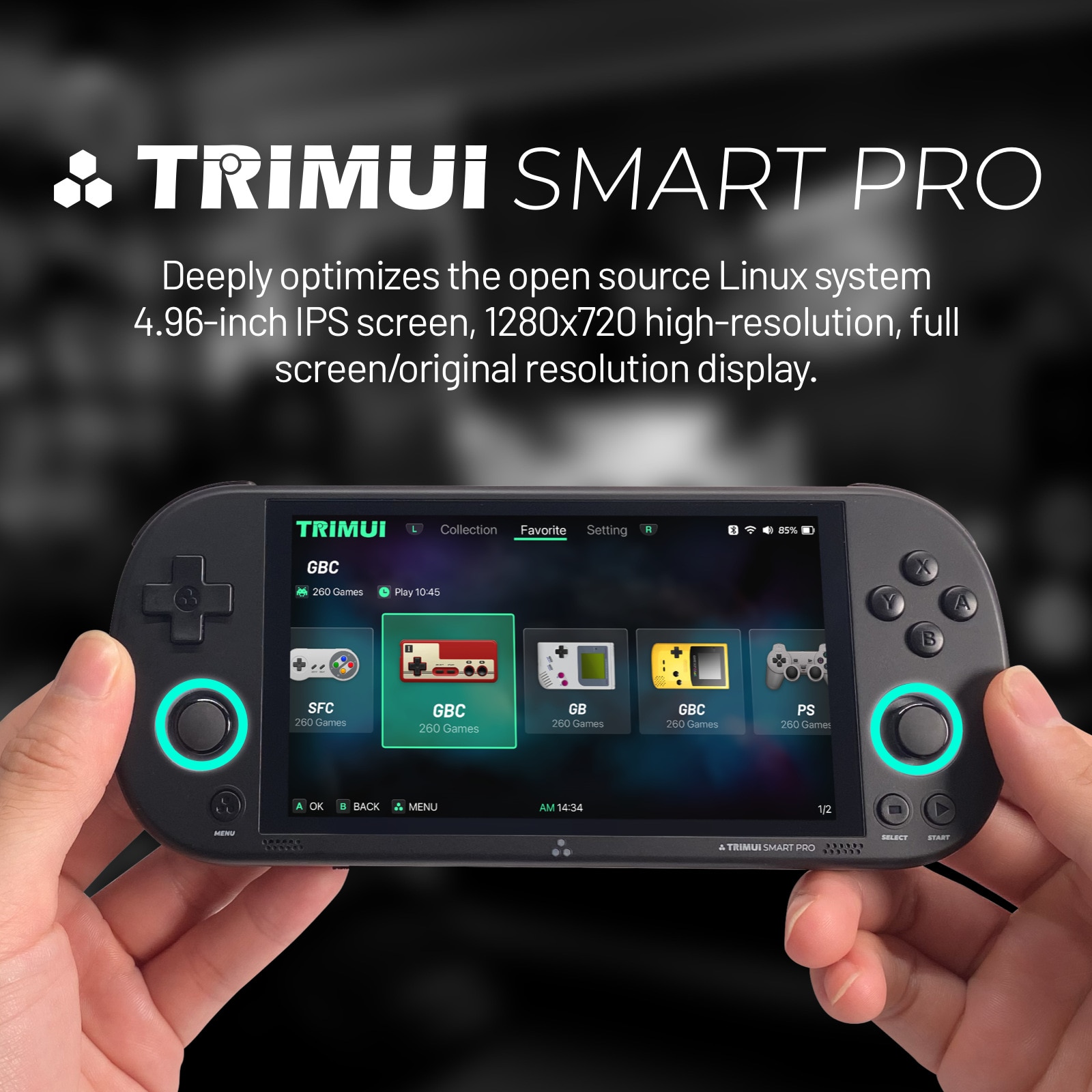 Consola retro portabila TRIMUI Smart Pro cu jocuri, Bluvista®, quad core Cortex-A35 1.8GHz, 1GB LPDDR4, Bluvista, IPS LCD 4.96" 1280x720, 5000 mAh, WiFi 5, Negru