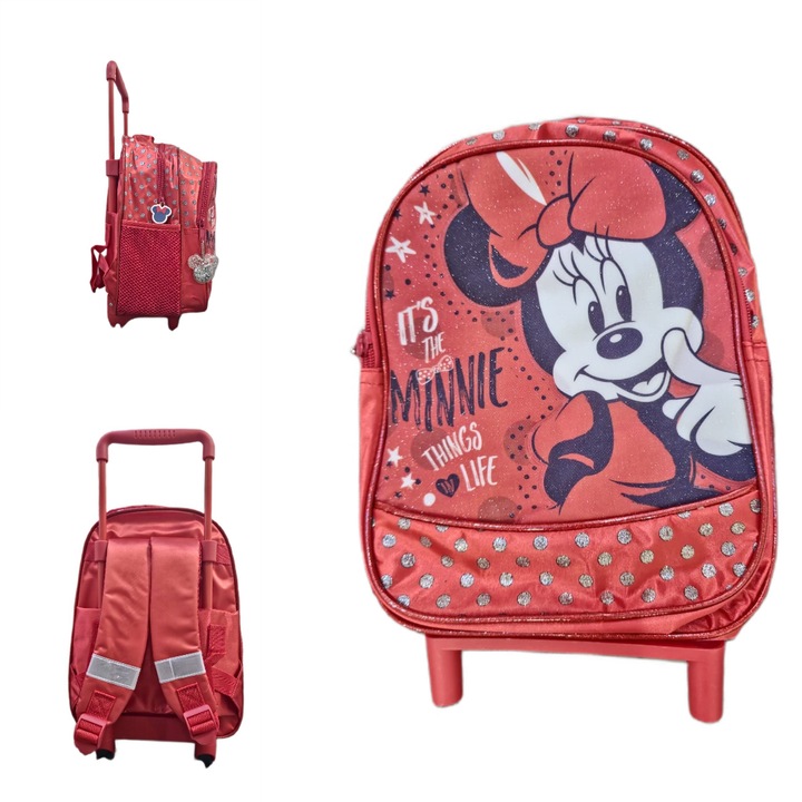 Ghiozdan tip troler ANGMAD, model Minnie Mouse, dimensiune 30x22x12cm, 2 compartimente, 2 buzunare laterale, maner extensibil pana la 22cm, bretele ajustabile cu elemente reflectorizante, rosu