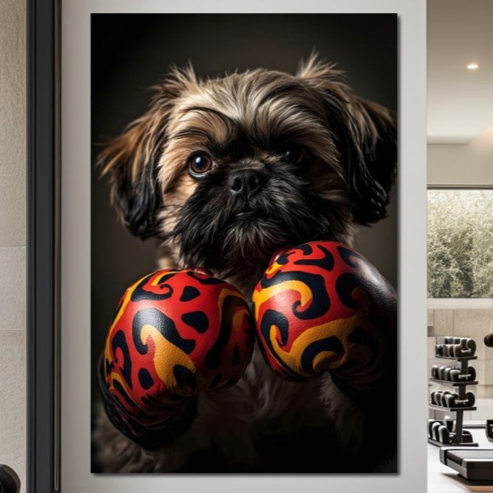 Tablou Canvas Premium, LuxCanva® M1287, Flacara din Ring, 70 X 100 CM, Panza Bumbac 100% 400g/m2, Sasiu Lemn, Provocare, Boxer, Knockout, Ring, Puternic, Catel, Pufos, Dragalas, Manusi, Curaj, Sport, Birou, Living, Camera Copil