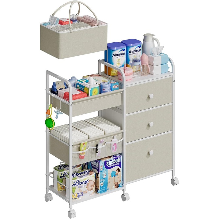 Carucior 2-in-1 pentru scutece Uptyia, organizator cu 3 niveluri, compartimente si sertare, carucior mobil pentru masa de infasat, patut sau dormitor, Bej Comoda Otel carbon
