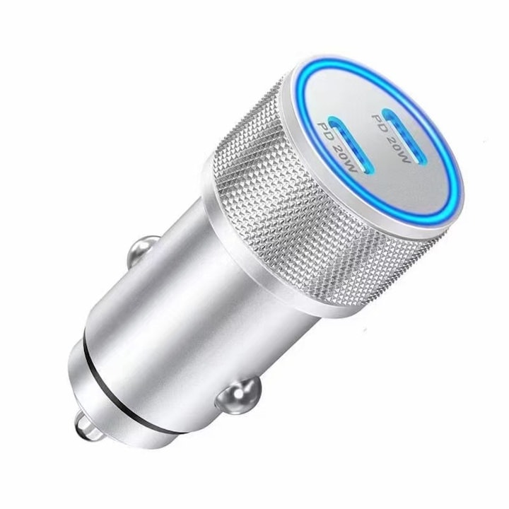 Incarcator auto, echipat cu cablu de date Type-C, incarcare ultra-rapida de 60 W, 2 porturi Type-C, carcasa din aliaj de aluminiu, miniatura, indicator LED, argintiu, universal