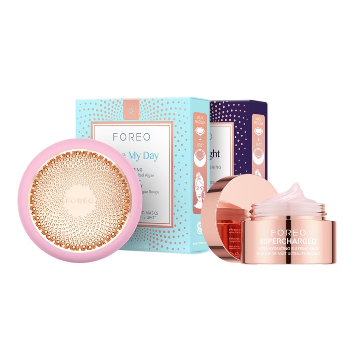 Dispozitiv de hidratare faciala cu tehnologie LED + 14 masti activate + masca hidratanta – set UFO™ 3 complet pentru piele stralucitoare