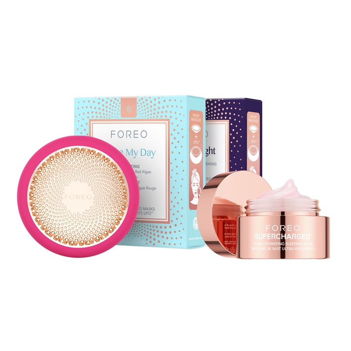 Dispozitiv de hidratare faciala cu tehnologie LED + 14 masti activate + masca hidratanta – set UFO™ 3 complet pentru piele stralucitoare