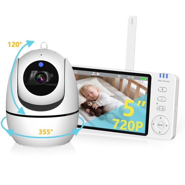 Baby Monitor Beeherb®, Camera Audio-Video Wireless pentru Bebe, 720P HD, Ecran 5", Mod Nocturn, VOX, PTZ, Detectare Plans/Temperatura, Conversatie Bidirectionala, Cantece de Leagan, Alb/Negru