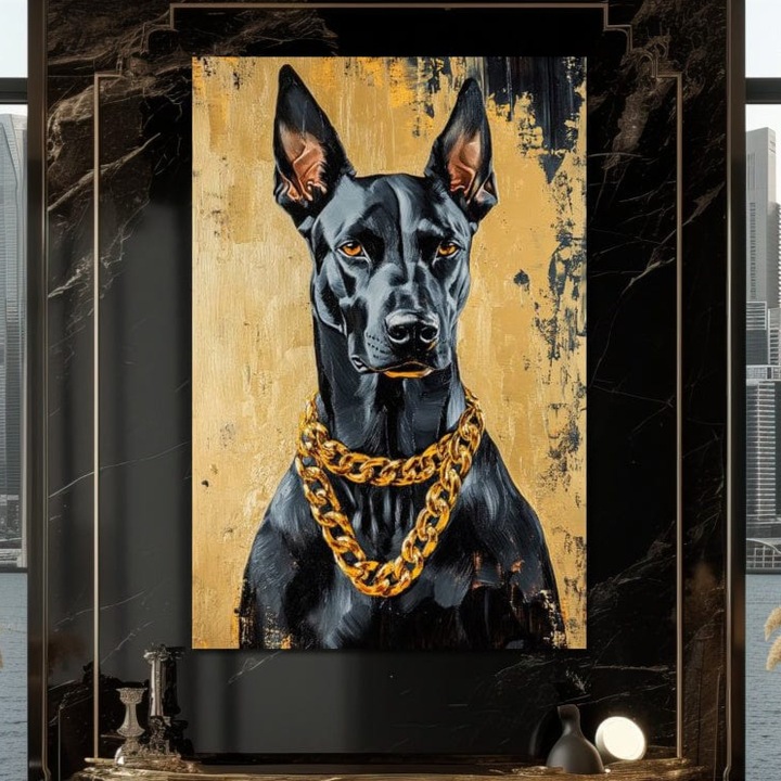 Tablou Canvas Premium, LuxCanva® M1288, Cavalerul Noptii, 40 X 60 CM, Panza Bumbac 100% 400g/m2, Sasiu Lemn, Doberman, Caine, Lant, Auriu, Negru, Portret, Protector, Paznic, Puternic, Nobil, Alfa, Birou, Living, Camera Copil