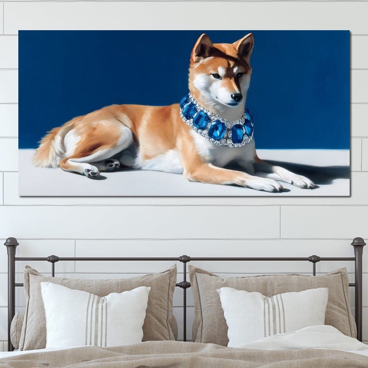 Премиум картина върху платно, LuxCanva® M1289, Lady Blue, 60 X 120 CM, 100% памучно платно 400g/m2, дървена рамка, колие, бижута, сапфир, диаманти, куче, портрет, женственост, кралско семейство, живопис, релаксация, блясък, офис, хол, детска стая