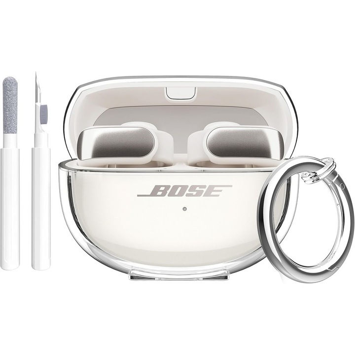 Husa transparenta pentru casti Bose Ultra Open Earbuds 2024, cu carabina si kit de curatare, rezistenta la zgarieturi