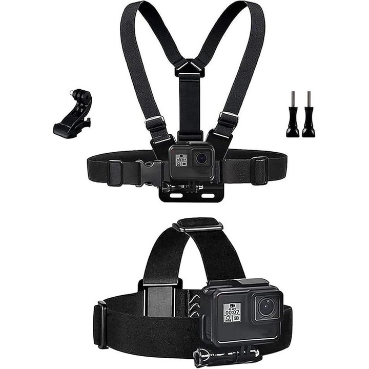 Ham Piept si Cap pentru Camere Actiune, Montaj Rapid, Compatibil GoPro Hero 5/6/7/8/9/10/11, Suport Telefon Maini Libere, Ideal Sport Extrema, Negru