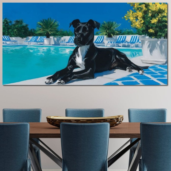 Tablou Canvas Premium, LuxCanva® M1290, Un Prieten la Piscina, 60 X 120 CM, Panza Bumbac 100% 400g/m2, Sasiu Lemn, Vacanta, Piscina, Relaxare, Tropical, Pictura, Vara, Soare, Caine, Plante, Sezlong, Birou, Living, Camera Copil