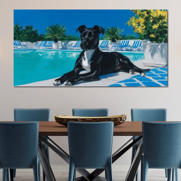 Премиум картина върху платно, LuxCanva® M1290, Приятел на басейна, 50 X 100 CM, 100% памучно платно 400g/m2, дървена рамка, ваканция, басейн, релаксация, тропически пейзаж, живопис, лято, слънце, куче, растения, шезлонг, офис, хол, детска стая