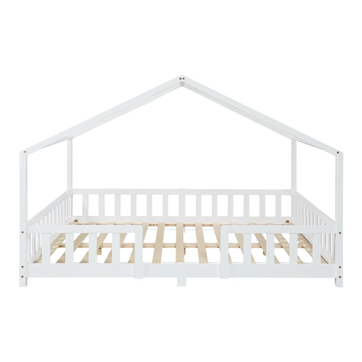 Pat copii, en.casa, Treviolo, 140x200cm, alb mat lacuit, design casuta, cu grilaj protectie