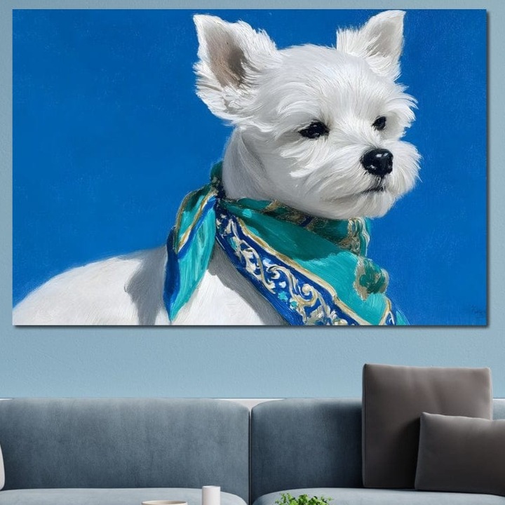 Tablou Canvas Premium, LuxCanva® M1291, Calatorul cu Esarfa, 100 X 150 CM, Panza Bumbac 100% 400g/m2, Sasiu Lemn, Caine, Alb, Simplitate, Mediteran, Azur, Esarfa, Patruped, Dragalas, Pufos, Pictura, Moda, Birou, Living, Camera Copil