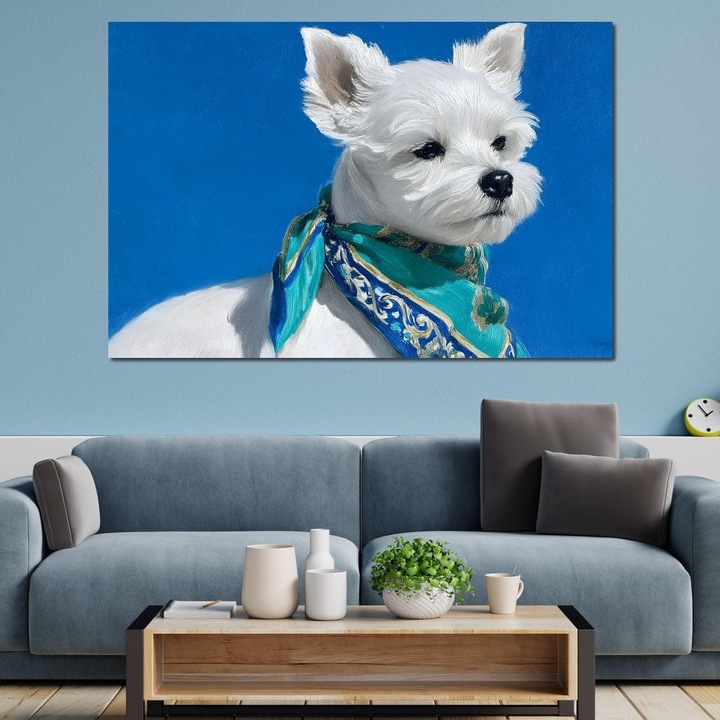 Премиум картина върху платно, LuxCanva® M1291, Пътешественикът с шала, 80 X 120 СМ, 100% памучно платно 400 г/м2, дървена рамка, куче, бяло, простота, средиземноморско, лазурен, шал, четириног, сладък, пухкав, живопис, мода, офис, хол, детска стая