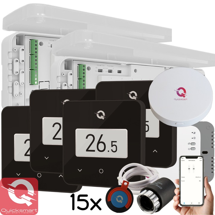 Pachet Automatizare Incalzire in Pardoseala Q20, 2x Controller 8 zone, Full Wireless, 4 Termostate Q30 cu Acumulatori, 15 Actuatoare NC, Smart, Wifi, e-Hub inclus, Control prin telefon, pentru pompe de caldura, centrale pe gaz sau electrice, Negru