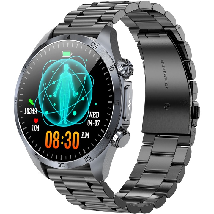 Ceas smartwatch, Valdus VE57 Pro, Amoled Retina Display 466x466 terapie cu impulsuri, monitorizare saturatie oxigen si glucoza, EKG, termometru, monitorizare somn, IP68, negru, 2 curele incluse