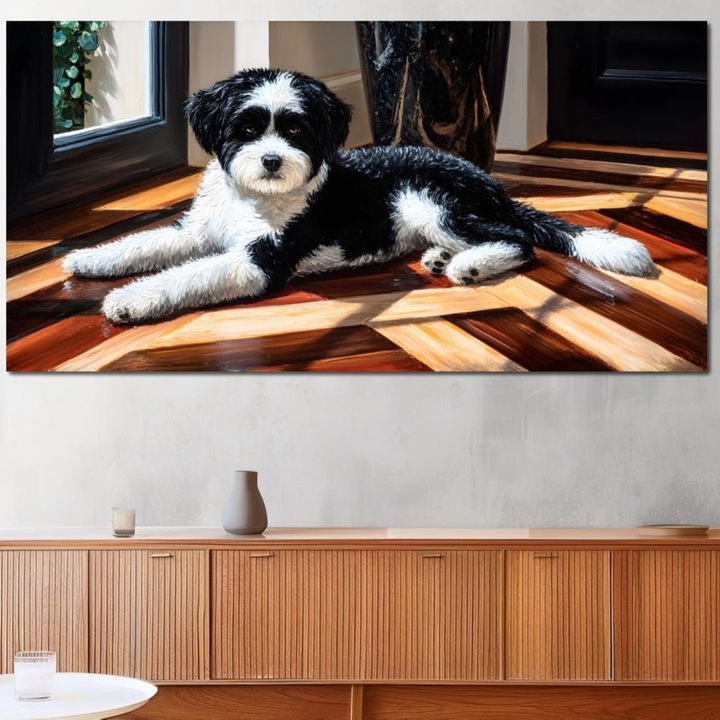 Tablou Canvas Premium, LuxCanva® M1292, Rasfat la Soare, 70 X 140 CM, Panza Bumbac 100% 400g/m2, Sasiu Lemn, Parchet, Lemn, Lumina, Soare, Catel, Domestic, Umbra, Fereastra, Rustic, Interior, Birou, Living, Camera Copil