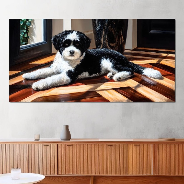 Премиум картина върху платно, LuxCanva® M1292, Глезене на слънце, 50 X 100 см, 100% памучно платно 400 г/м2, дървена рамка, паркет, дърво, светлина, слънце, кученце, дом, сянка, прозорец, рустик, интериор, офис, хол, детска стая